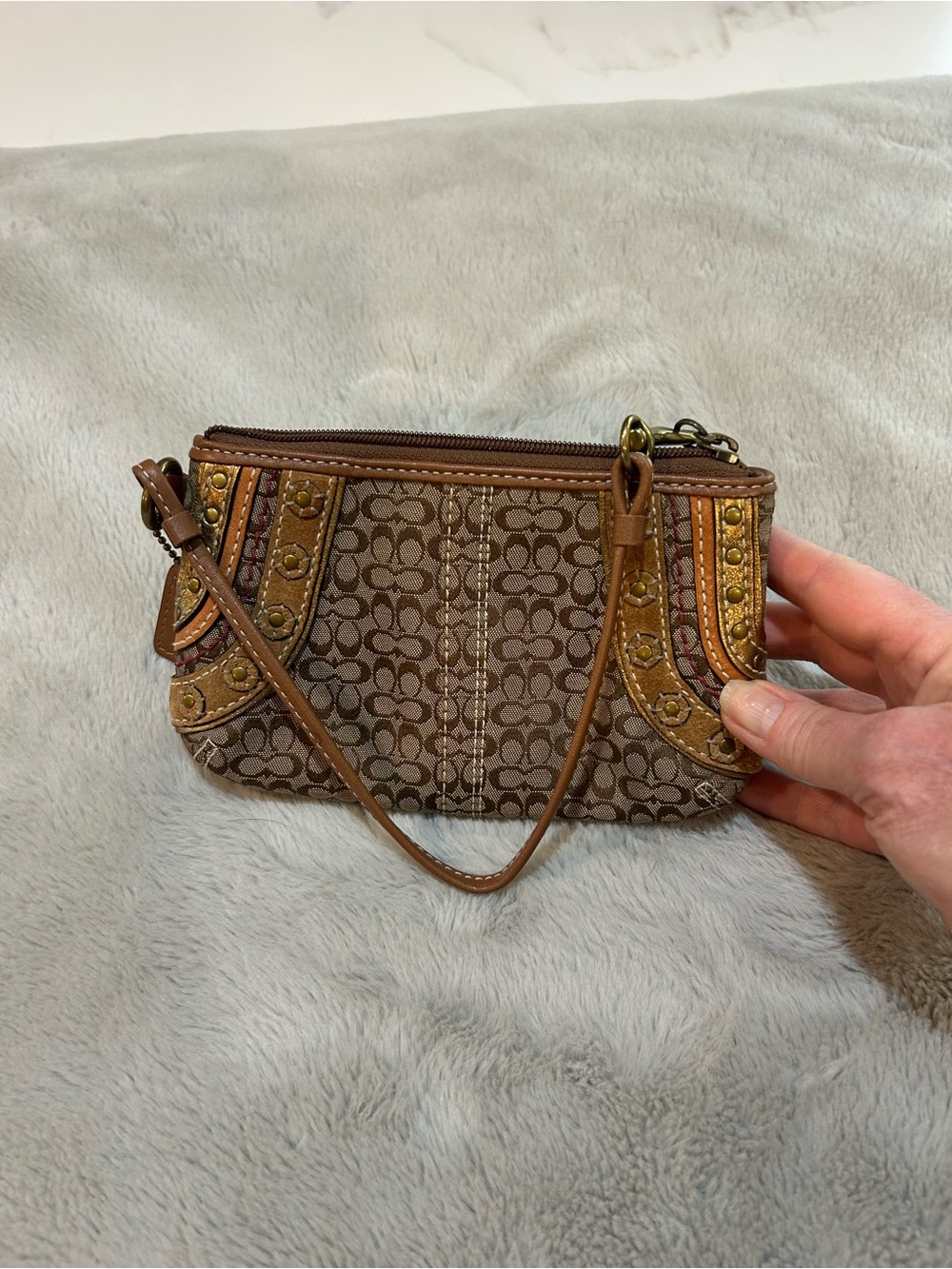 Coach Brown Signature Canvas Wristlet with Gold Stud Accents